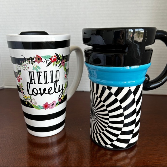 Set of 2 Ceramic Travel Mugs Black and White OP Art Floral - Picture 4 of 16
